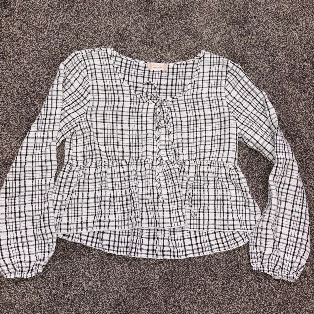 Altar'd State white and black plaid blouse with ruffle details, size S